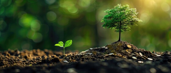 Young sapling growing beside mature tree over coins on fertile soil, concept of investment growth. - obrazy, fototapety, plakaty