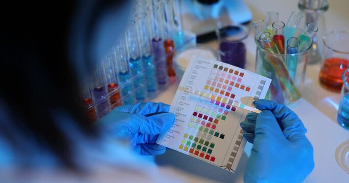 Chemist compares color-changed litmus paper with color samples in the laboratory