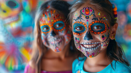 Brazilian siblings painting skull faces for Halloween parade or Day Death