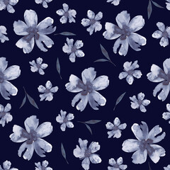 Blue watercolor flowers and leaves on a dark blue seamless background, hand-drawn. Floral pattern, pattern for fabric, wrapping paper, other design, decoration. Beautiful blooming background.