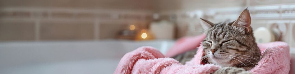 Cat in pink bathrobe lounges in bathtub, abstract relaxation concept