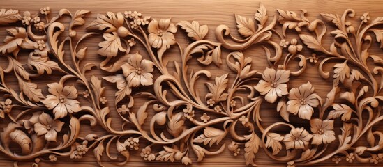 Intricate close up of a detailed carving depicting delicate flowers and twisting vines on a wooden panel