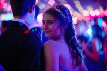 Young woman dancing at prom night, looking back over her shoulder
