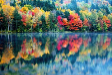 Autumn foliage reflection on serene lake with vibrant red, orange, and yellow leaves against forest backdrop.