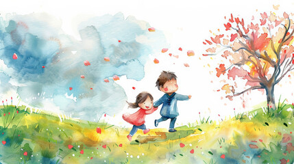 Cheerful Chinese siblings playing in spring garden, watercolor illustration