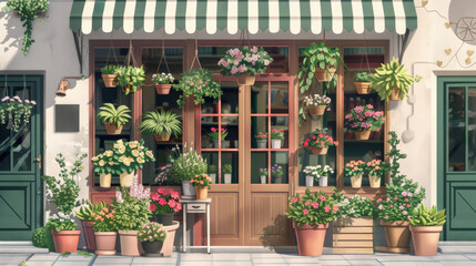 Fototapeta na wymiar Charming flower shop front with assorted potted plants