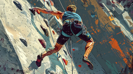 This vivid image portrays an avid rock climber fearlessly ascending a challenging wall against a gritty backdrop