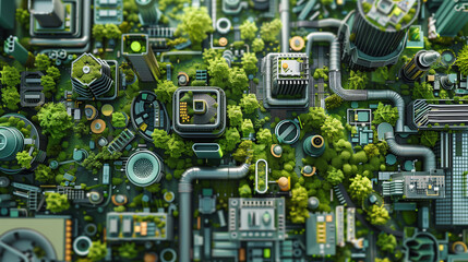 Green Technology Integration in Urban Planning
. An intricate aerial view of a city where modern urban structures are seamlessly integrated with lush greenery, depicting a harmony between technology a