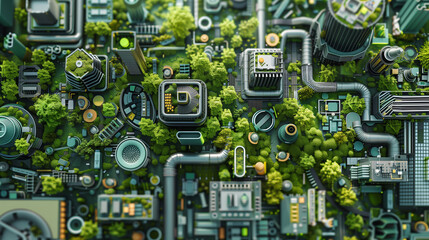 Fototapeta premium Green Technology Integration in Urban Planning . An intricate aerial view of a city where modern urban structures are seamlessly integrated with lush greenery, depicting a harmony between technology a