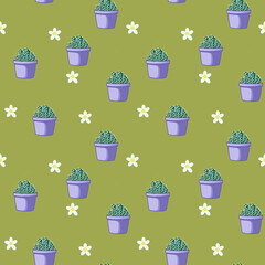 seamless pattern with thimble cactus and flowers on green background  - obrazy, fototapety, plakaty