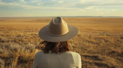 Fotobehang A woman with a widebrimmed hat stares out into the distance the endless plains stretching out before . . . © Justlight