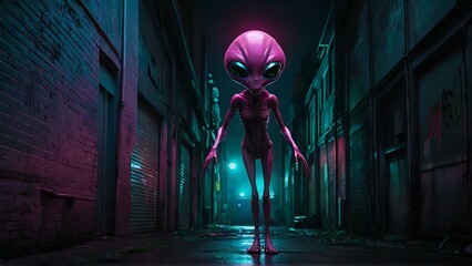 In a dimly lit alleyway, a mesmerizing glamorous bioluminescent alien stands tall, radiating vibrant hues of pinks and greens against the cold concrete walls.