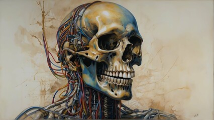 A grotesque absurd cybernetic implant protrudes from the subject's skull.