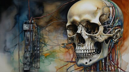 A grotesque absurd cybernetic implant protrudes from the subject's skull.