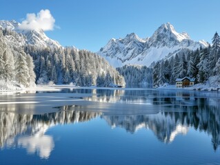 Fototapeta premium A frozen mountain lake reflects snow-capped peaks under a dramatic winter sky