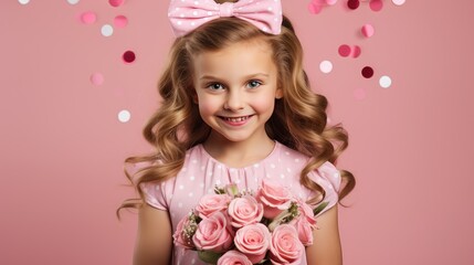 Obraz na płótnie Canvas girl pink background polka dots