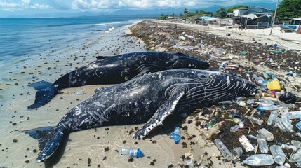 A pair of stranded whales beached on a shore littered with plastic debris, underscoring the intersection of climate change and ocean pollution in endangering marine life