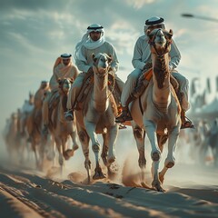 Traditional camel racing event with riders in white attire captured in dynamic movement against a dusky sky backdrop.  - obrazy, fototapety, plakaty