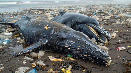 The convergence of climate change and ocean pollution in endangering marine life was vividly portrayed by a pair of stranded whales beached on a shore strewn with plastic debris