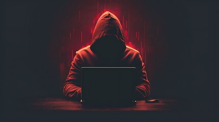 A mysterious figure in a hood sits in front of a laptop with digital red light effects suggesting cyber security or hacking themes - obrazy, fototapety, plakaty