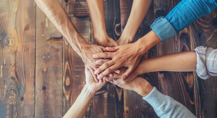 Teamwork, unity concept, group of friends put their hands together with copy space 50