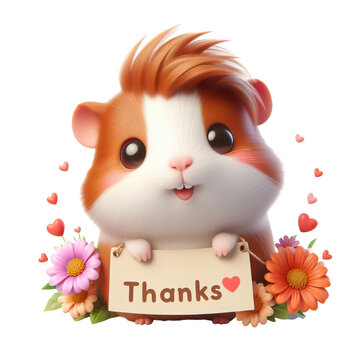 Cute character 3D image of peruvian guinea pig with flowers and saying thanks white background isolated PNG