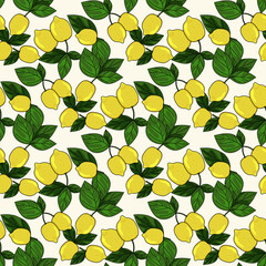 Tropical seamless background with yellow lemons. Hand drawn lemons repeating background in doodle style.Design for printing on fabrics, holiday and confectionery packaging, wallpaper, packaging 