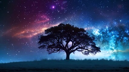 Silhouette of a tree against a cosmic backdrop