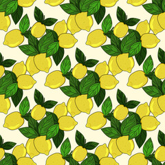 Tropical seamless background with yellow lemons. Hand drawn fruity limonnia repeating background in doodle style.Design for printing on fabrics, holiday and confectionery packaging, wallpaper,wrapping