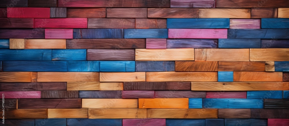 Poster detailed view of a wooden wall displaying an array of different hues and shades in a close-up shot