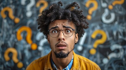 A young man appears puzzled or in deep thought against a background full of question marks. 