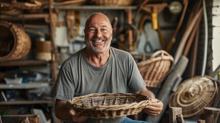 a smiling man with a wicker basket in his hands standing in his workshop