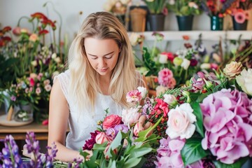 Florist in Apron Arranging Fresh Pink Roses and White Flowers in a Bright Shop