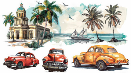 Cuba-themed hand-drawn illustrations isolated on white background - obrazy, fototapety, plakaty
