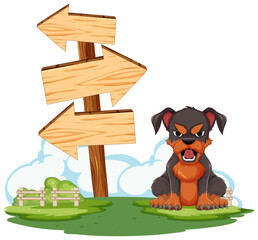 Cartoon dog sitting by directional wooden signs - 776840217