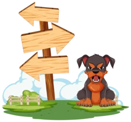 Keuken foto achterwand Kinderen Cartoon dog sitting by directional wooden signs