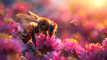 A close-up of a bee pollinating vibrant pink flowers with soft bokeh lighting in the background, symbolizing natural beauty and ecology.  - Powered by Adobe