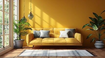Bright living room with a stylish yellow sofa and indoor plants casting a warm ambiance for a cozy home interior.  - obrazy, fototapety, plakaty