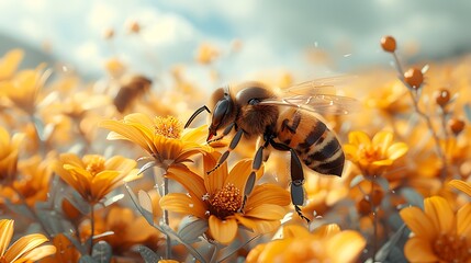 A close-up shot of a honeybee pollinating vibrant orange flowers under a soft, illuminated sky.