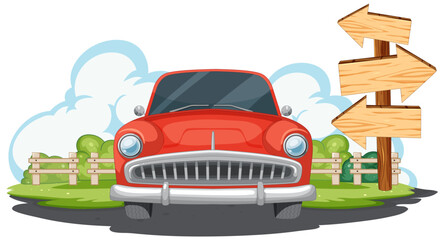 Classic red car near wooden directional signpost. - 776840447