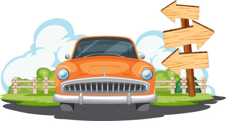 Classic orange car facing wooden directional signs. - 776840474