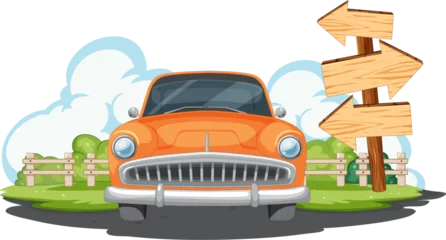 Poster Classic orange car facing wooden directional signs. © GraphicsRF