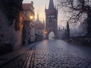 Prague's historic Charles Bridge, a medieval stone arch bridge with gothic towers, dominates the...