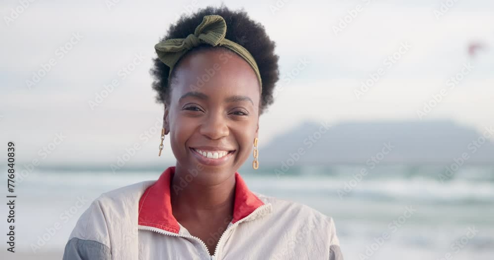 Sticker Face, beach and funny with black woman, holiday and adventure with happiness and cheerful girl. Outdoor, seaside and African person with joy and weekend break with journey and traveling with summer