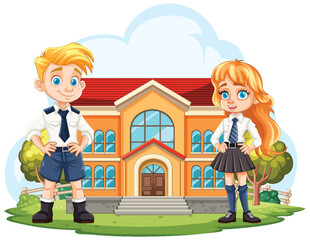 Two cartoon kids standing in front of their school. - 776840814