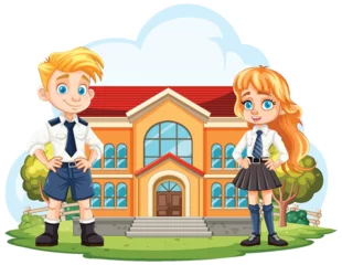 Poster Enfants Two cartoon kids standing in front of their school.