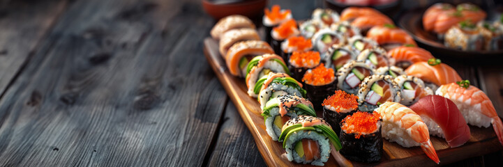 Delectable sushi plate displayed on dark wooden table