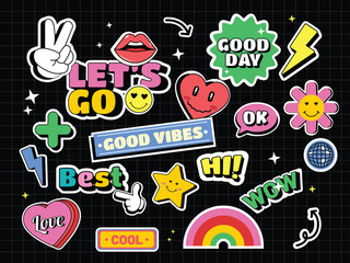 collection of doodle cartoon stickers in the form of colorful happy smiling face labels.