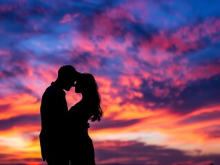 Romantic silhouette of a couple in love kissing at sunset on a beach
