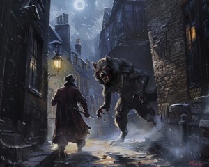 Werewolf versus vampire in a Victorian London alley